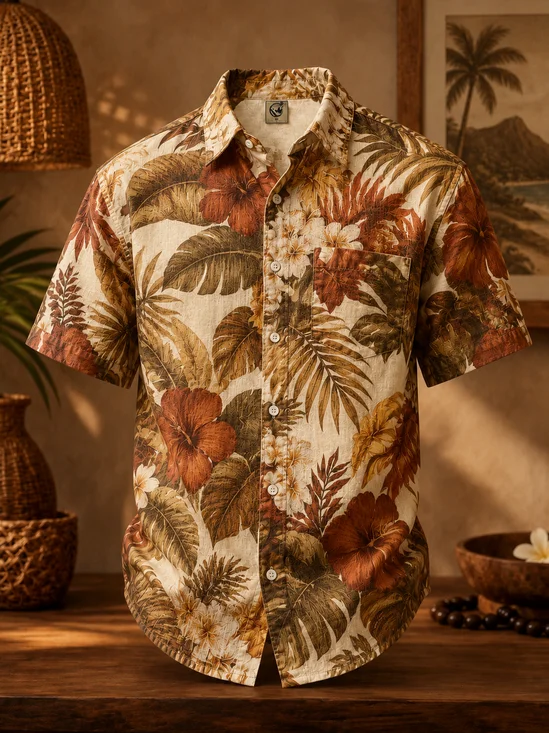 Linen-Texture Tropical Floral Chest Pocket Casual Shirt