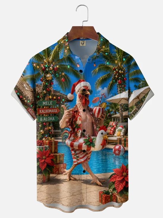 Moisture-Wicking Christmas Vacation Chicken & Coconut Drink Chest Pocket Hawaiian Shirt