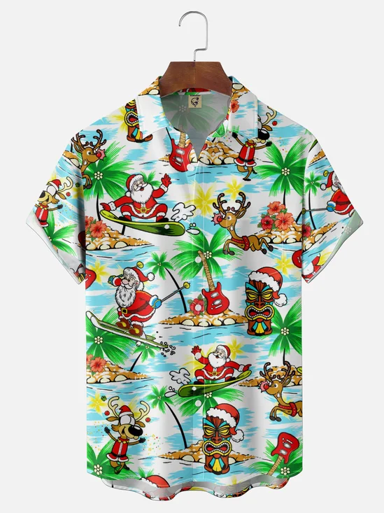 Moisture-Wicking Gradient Santa & Tiki Coconut Tree Chest Pocket Hawaiian Shirt