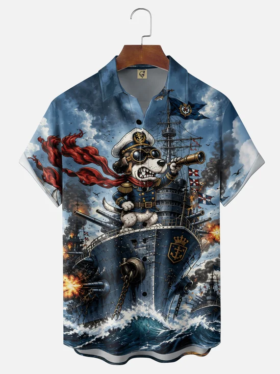 Moisture-Wicking "Naval Dog Commander" Chest-Pocket Hawaiian Shirt