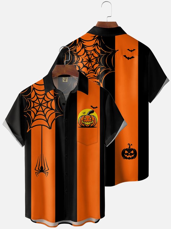 Moisture-Wicking Gradient Halloween  Spiderweb Pumpkin Geometric Patterns Chest Pocket Bowling Shirt