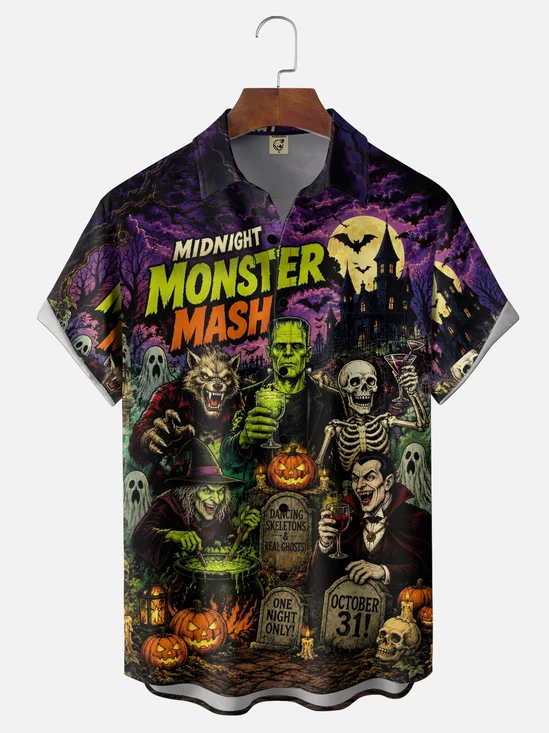 Moisture-Wicking Halloween Party Monsters Werewolves Vampires Witches Chest Pocket Hawaiian  Shirt