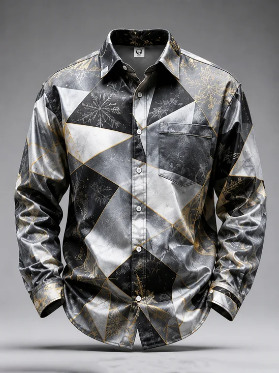 Moisture-Wicking Abstract Geometric Art Print Chest Pocket  Long-Sleeve Casual Shirt