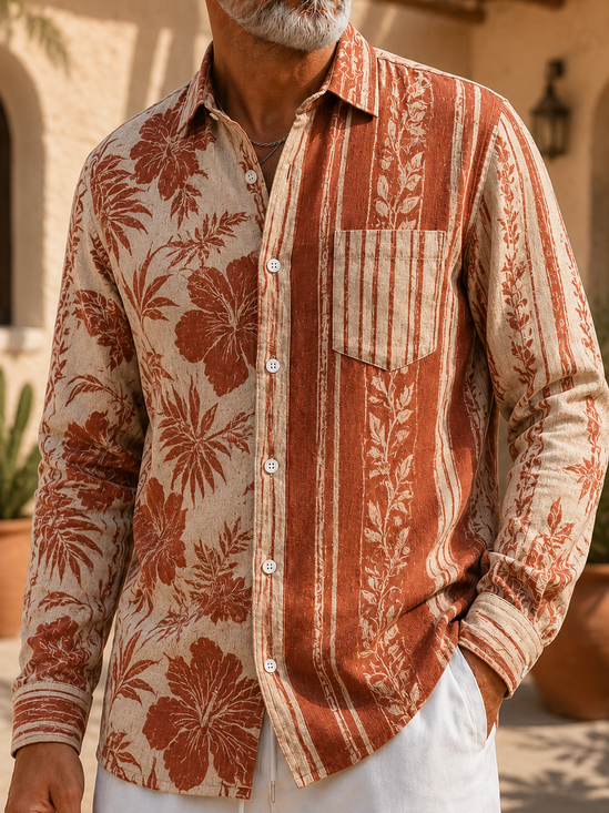 Linen-Texture Striped Tropical Floral Chest Pocket Long-Sleeve Casual Shirt