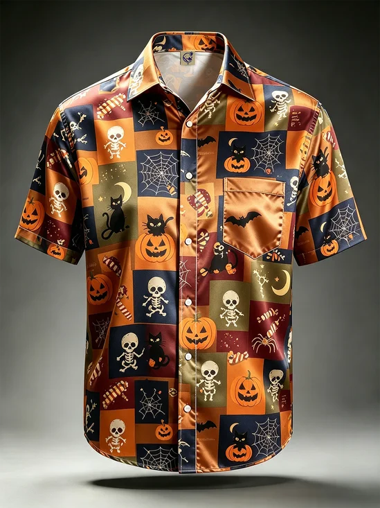 Silk Satin Breathable Halloween Gradient Design Black Cat Skull Pumpkin Spiderweb Chest Pocket Hawaiian Shirt