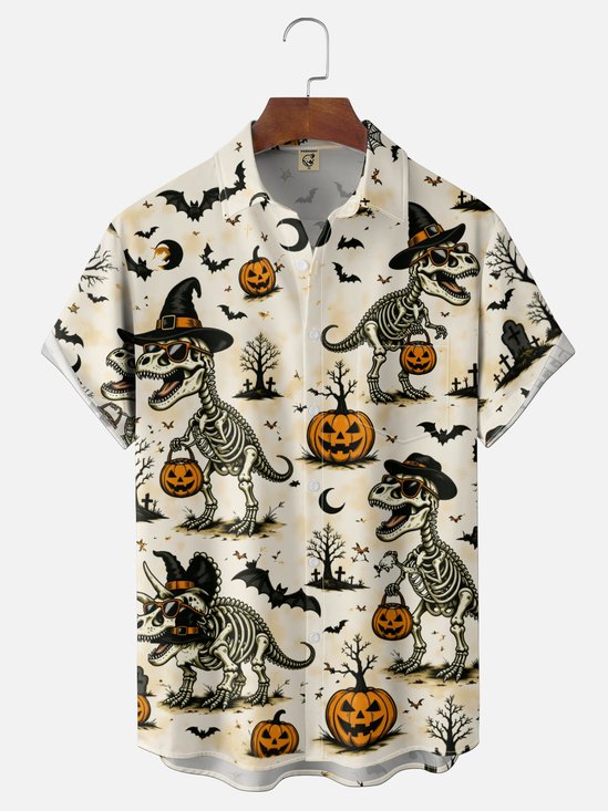 Moisture-Wicking Gradient Halloween Skull-Dinosaur Pumpkin Chest Pocket Hawaiian Shirt
