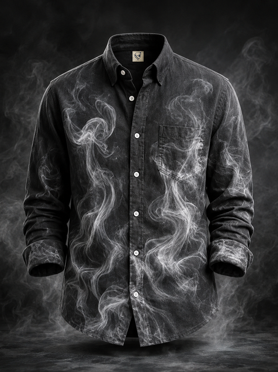 Moisture-Wicking Abstract Smoke Print Chest Pocket Long-Sleeve Casual Shirt