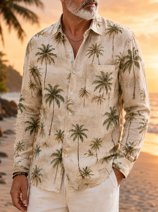 Linen-Texture Tropical Plant Coconut Tree Chest Pocket  Long-Sleeve Casual Shirt
