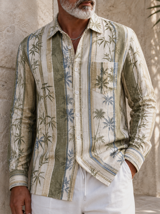 Linen-Texture Striped Tropical Floral  Chest Pocket Long-Sleeve Casual Shirt