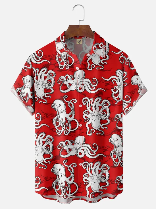 Moisture-Wicking Fun Octopus Chest Pocket Hawaiian Shirt