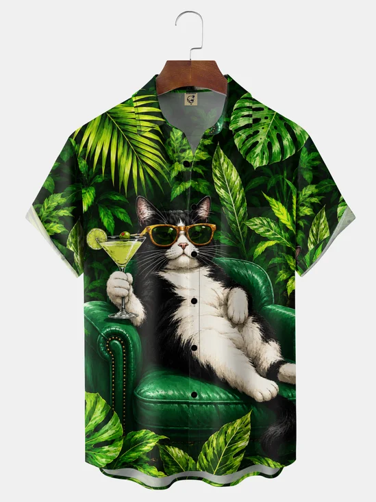 Moisture-Wicking Tropical Cat Cocktail Sunglasses Sofa Palm Leaf Chest Pocket Hawaiian Shirt