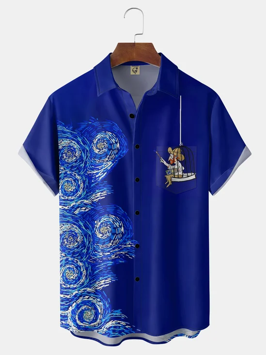 Moisture-Wicking Van Gogh Painting Starry Night Art Oil Painting Chest Pocket Hawaiian Shirt