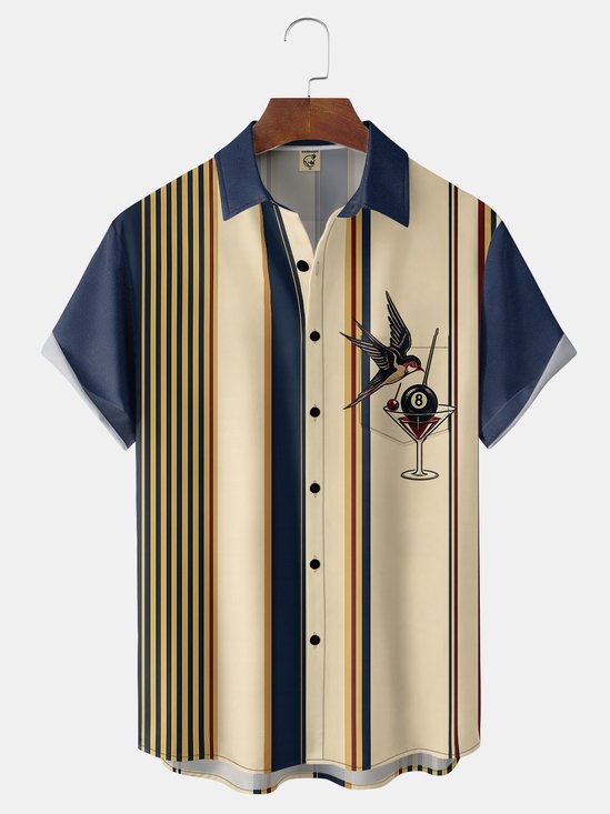 Moisture-Wicking Vintage Retro Stripes Swallow 8-Ball Cocktail Chest Pocket Bowling Shirt