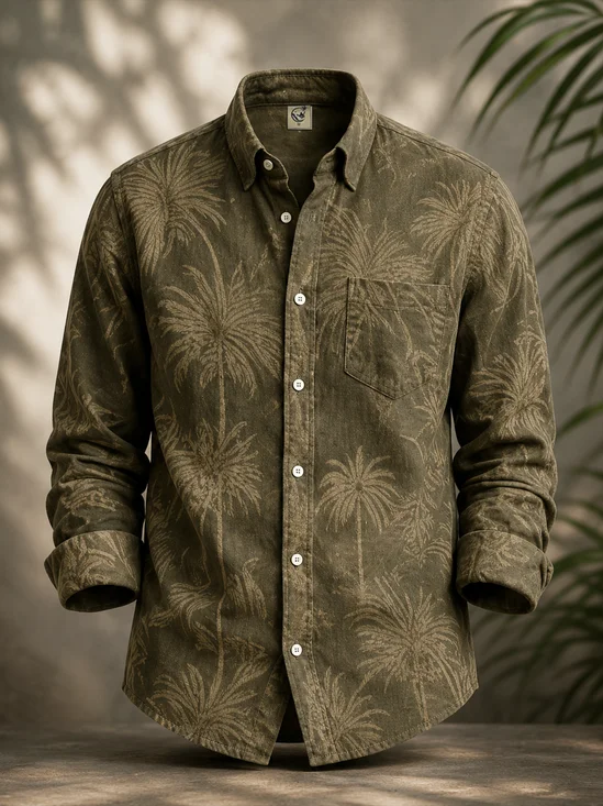 Linen-Texture Coconut Tree Chest Pocket Long-Sleeve Casual Shirt