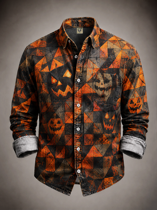 Moisture-Wicking Halloween Pumpkin Chest Pocket Long Sleeve Casual Shirt