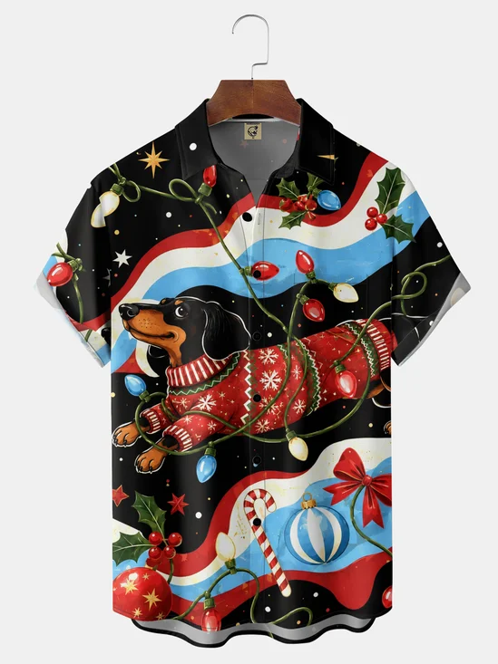 Moisture-Wicking Christmas Decorations Dog Candy Cane Christmas Baubles Christmas Lights Chest Pocket Christmas Shirt