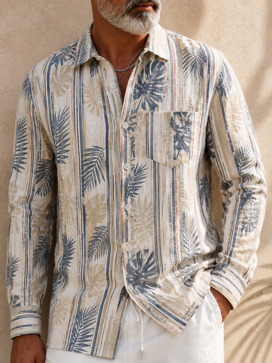 Linen-Texture Striped Tropical Floral  Chest Pocket Long-Sleeve Casual Shirt