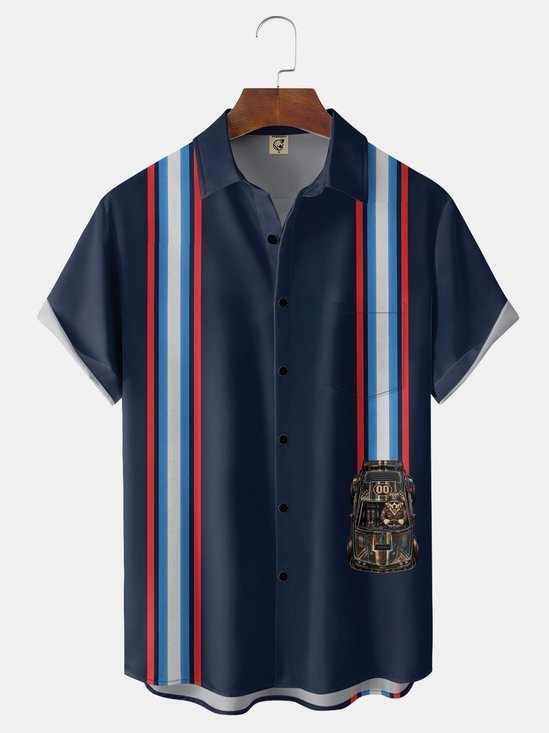 Moisture-Wicking Vintage Modified Car Racing Striped Dog Chest Pocket Bowling Shirt