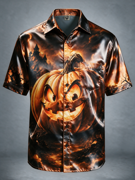 Breathable Silk Satin pumpkin Chest Pocket Halloween Shirt