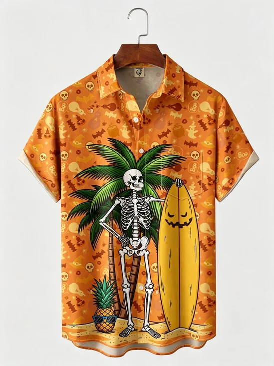 Moisture-Wicking Halloween Skeleton Surfboard Coconut Tree And Pineapple Chest Pocket Hawaiian Shirt