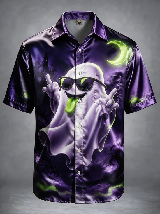 Breathable Silk Satin Humorous Ghost Sunglasses Chest Pocket Halloween Shirt