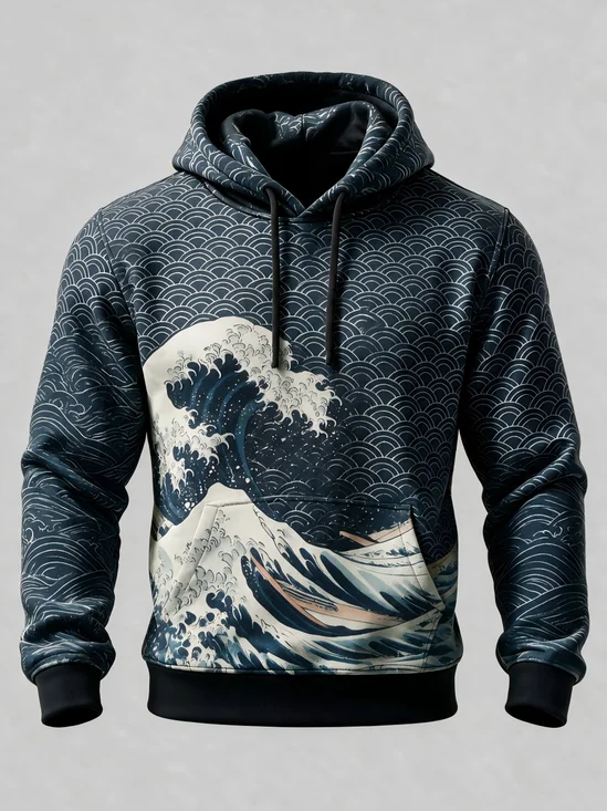 Japanese-Style Ukiyoe Wave Art Sea Kangaroo-Pocket Hoodie Sweatshirt