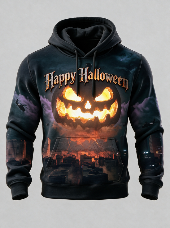 Happy Halloween City Nightscape Pumpkin Helicopter Kangaroo-Pocket Hoodie Sweatshirt