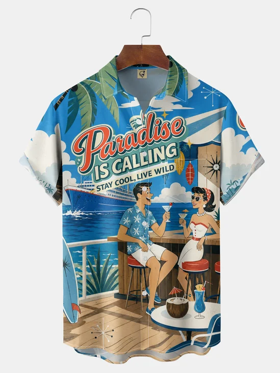 Moisture-Wicking Vintage Island Cruise Vacation Bar Chest Pocket Holiday Hawaiian Shirt