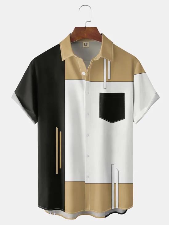 Moisture-Wicking Geometric Color Blocks Minimalist Chest Pocket Hawaiian Shirt