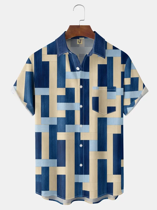 Moisture-Wicking Retro Color Blocks Geometric Patchwork Chest Pocket Hawaiian Shirt