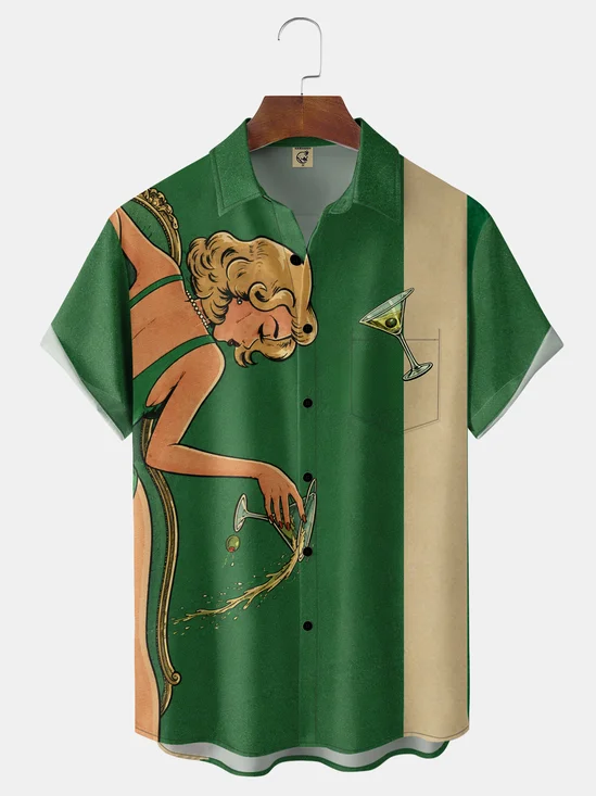 Moisture-Wicking Vintage Lady Cocktail American Style Chest Pocket Bowling Shirt