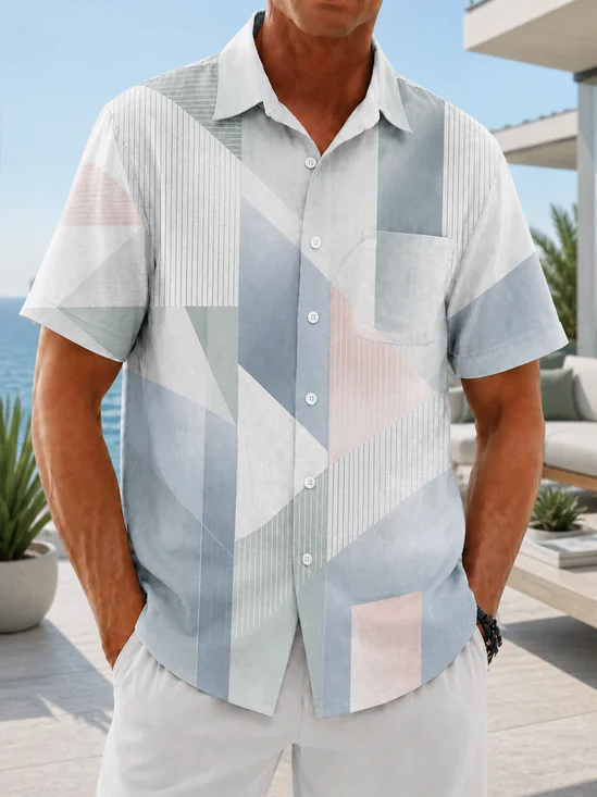 Linen-Texture Abstract Gradient Geometric Chest-Pocket Hawaiian Shirt