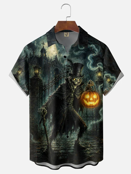 Moisture-Wicking Halloween Skull Grim Reaper Jack-o'-Lantern Chest Pocket Hawaiian Shirt