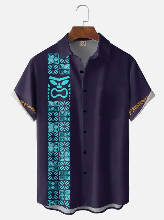 Moisture-Wicking Gradient 3D Abstract Geometric Color-Block TiKi Chest Pocket  Hawaiian Shirt