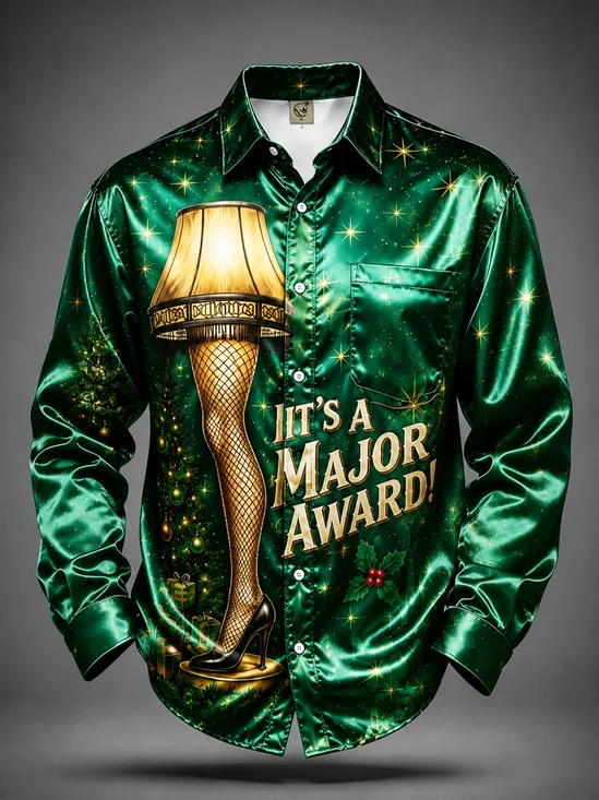 Breathable Silk Satin Christmas Leg Lamp Chest Pocket Casual Long-Sleeved Shirt