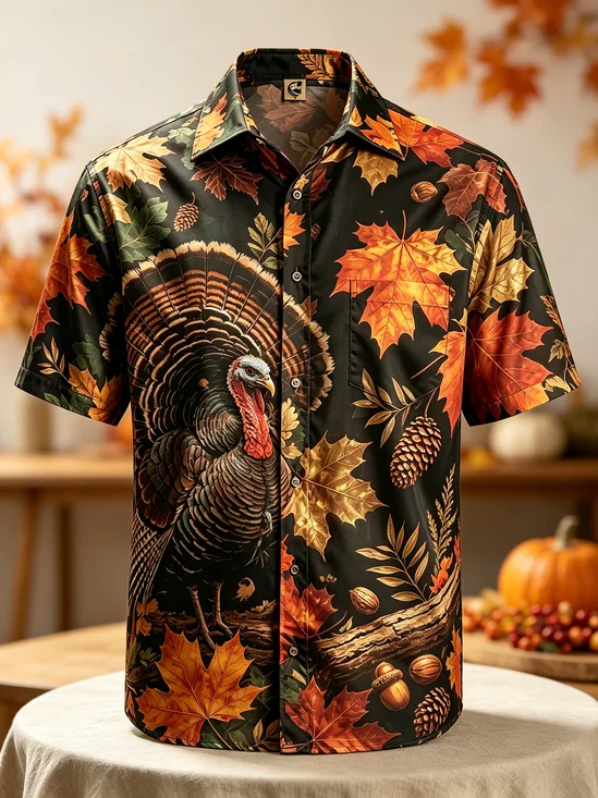 Moisture-Wicking Thanksgiving Turkey & Maple Leaf Chest Pocket Hawaiian Shirt
