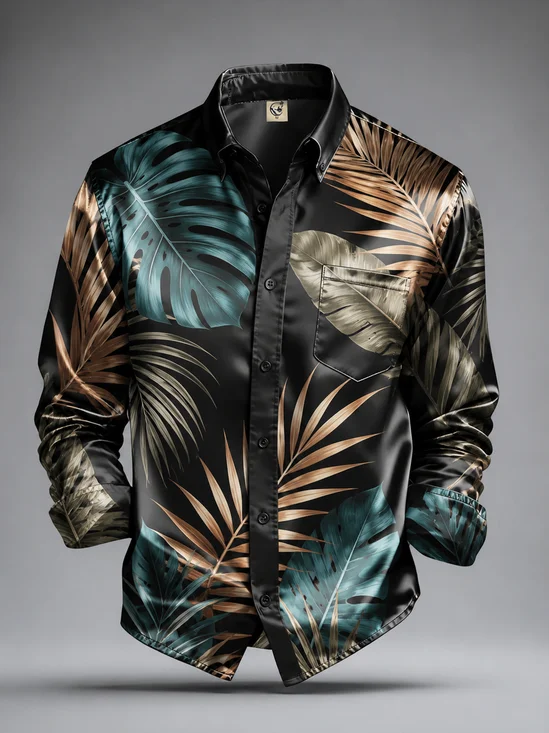 Silk Satin Breathable Tropical Plant Leaf Chest Pocket Casual Long-Sleeved Shirt
