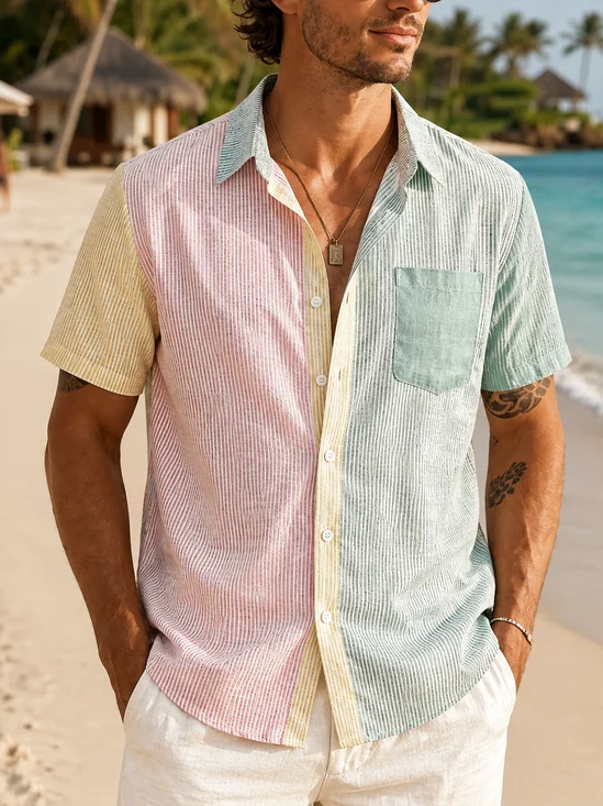 Linen-Texture Abstract Geometric Color-Block Striped Chest Pocket Hawaiian Shirt
