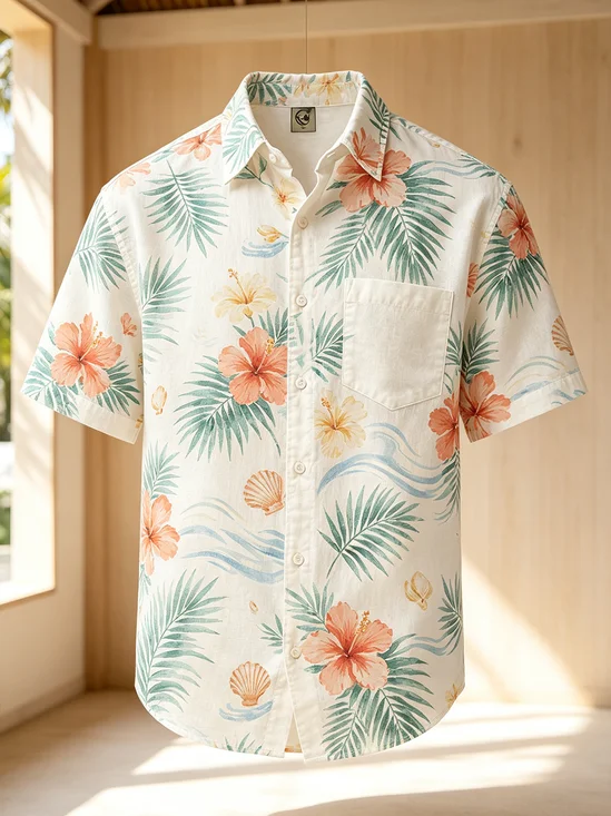 Linen-Texture Tropical Floral  Chest Pocket Hawaiian Shirt