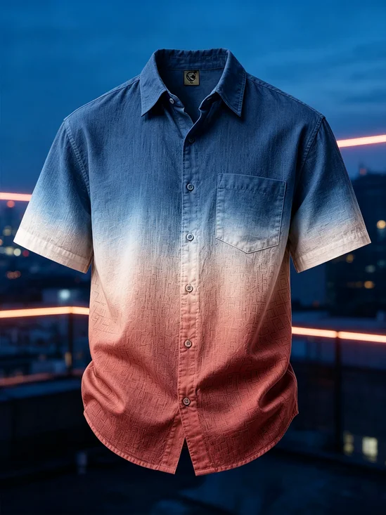 Linen-Texture Abstract Gradient Chest-Pocket Hawaiian Shirt