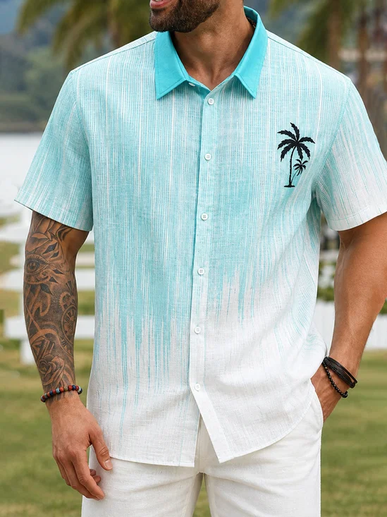 Linen-Texture Gradient Palm Tree Hawaiian Shirt