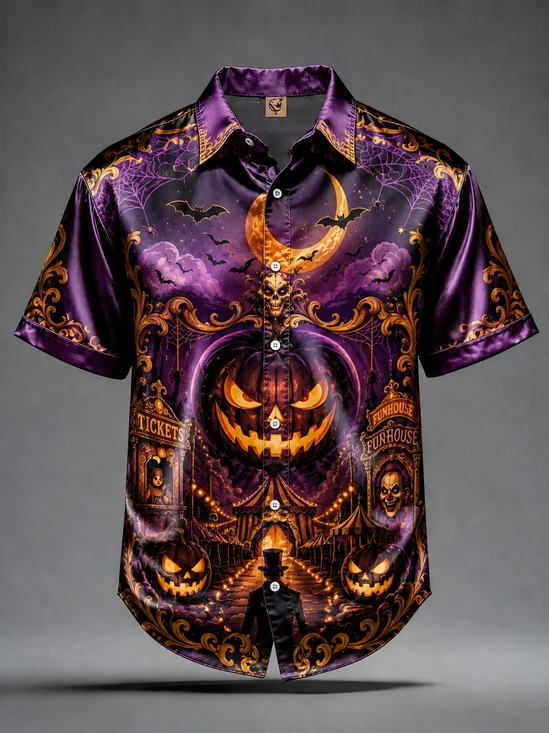 Silk Satin Breathable Halloween-themed Leaf Pumpkin Casual Shirt