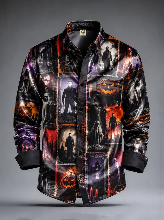 Silk Satin Breathable Halloween Pumpkin Head Monster Spooky Night Chest Pocket Casual Long-Sleeved Shirt