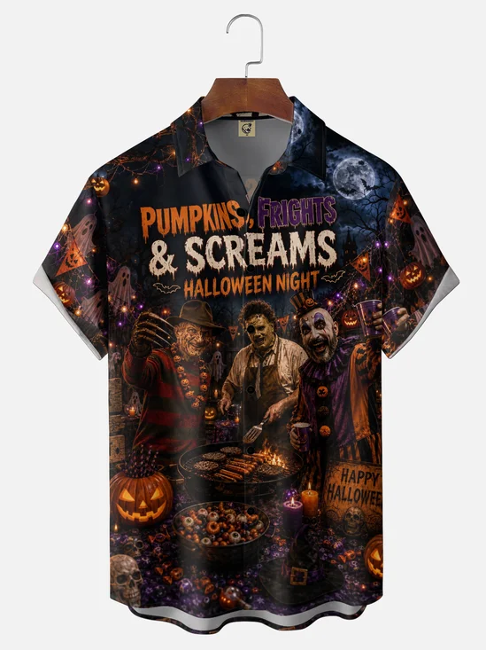 Moisture-Wicking Halloween Monsters BBQ Party Chest-Pocket Hawaiian Shirt