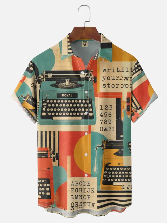 Moisture-Wicking Gradient Medieval Retro Geometric Color-Block Chest Pocket Design Hawaiian Shirt