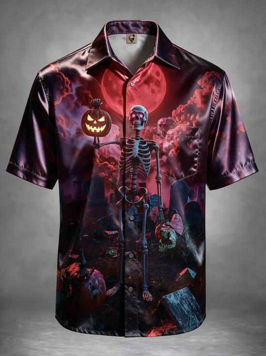 Breathable Silk Satin Pumpkin Skull Graveyard Moon Chest Pocket Halloween Shirt