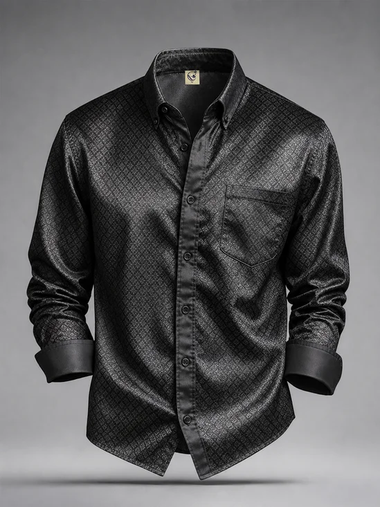 Silk Satin Breathable Abstract Gradient Dark Pattern Chest Pocket Casual Long-Sleeved Shirt