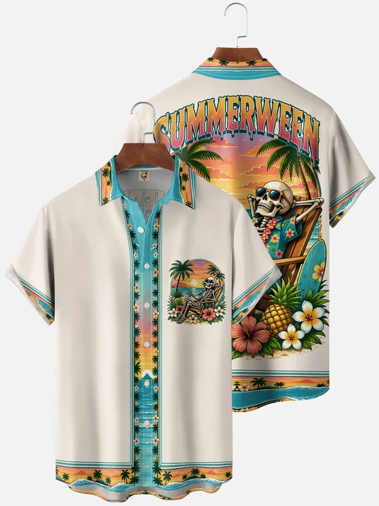 Moisture-Wicking Tropical Floral & Skull Print  Chest Pocket Hawaiian Shirt