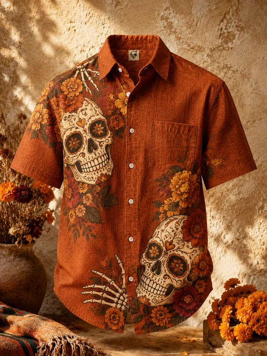 Linen-Texture Day of the Dead Skull & Floral Chest Pocket Hawaiian Shirt