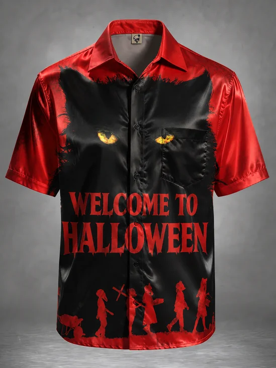 Breathable Silk Satin Cat Silhouette Chest Pocket Halloween Shirt